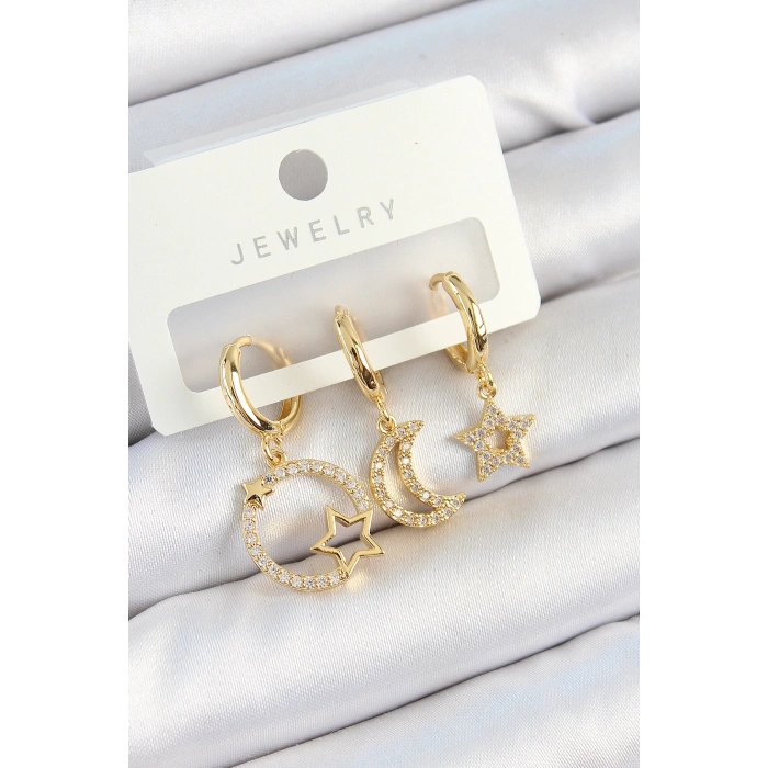Dodes Dodes Pirinç Zirkon Taşlı Yıldız Ve Ay Model Gold Renk 3lü Kadın Küpe Set TG27BKP10819