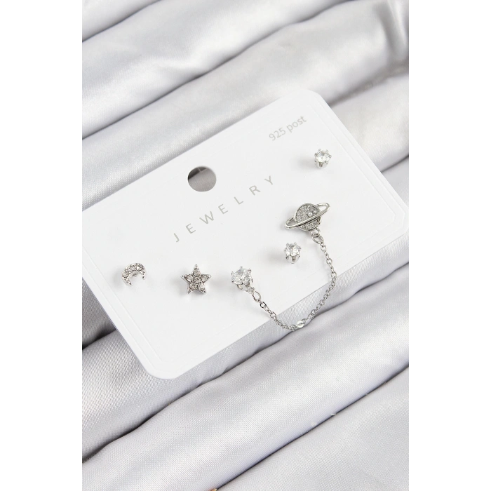 Dodes Dodes Pirinç Zirkon Taşlı Yıldız Ve Gezegen Model Gümüş Renk 925 Ayar Gümüş Çivi Kadın Küpe Set TG27BKP11153