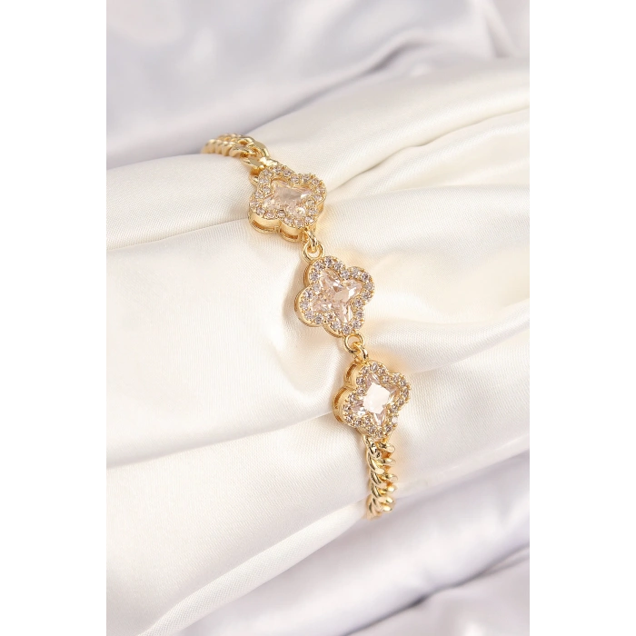 Dodes Dodes Pirinç Zirkon Taşlı Yonca Model Gold Renk Kadın Bileklik TG27BB7897