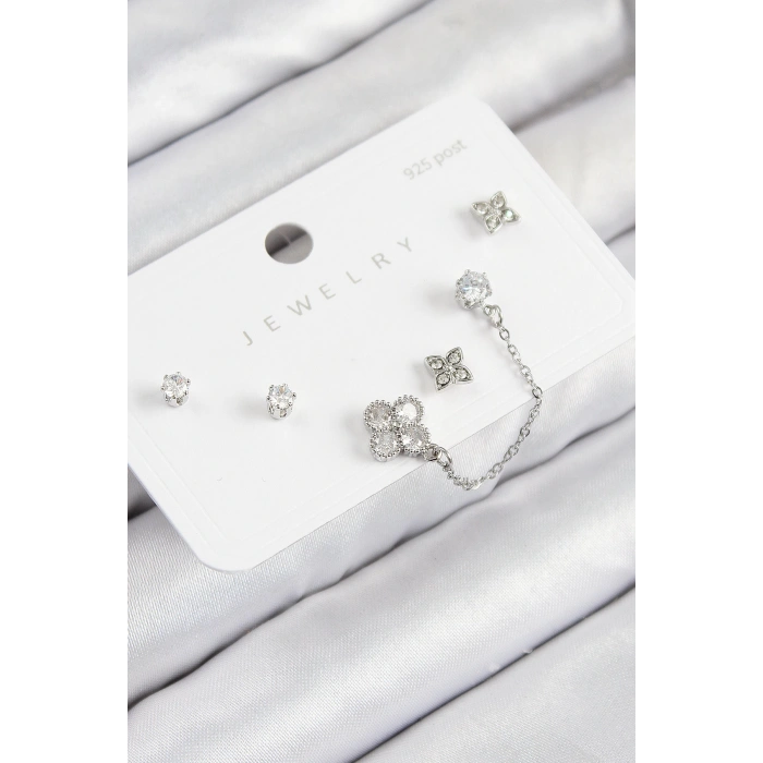 Dodes Dodes Pirinç Zirkon Taşlı Yonca Model Gümüş Renk 925 Ayar Gümüş Çivi Kadın Küpe Set TG27BKP11157