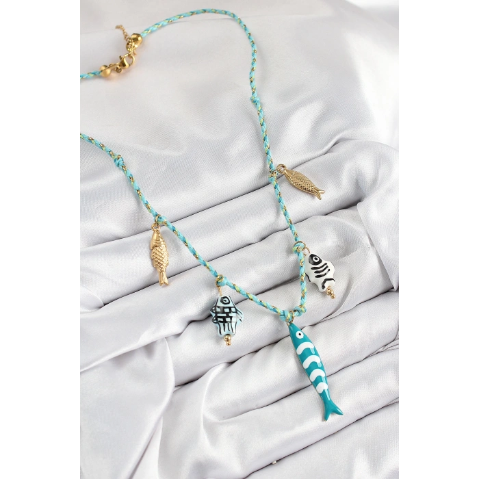 Dodes Dodes Seramik Motifli Balık Figürlü Model Mavi İp Kadın Kolye TG27BKO10396