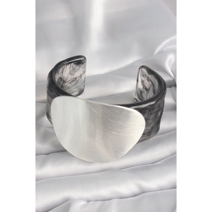 Dodes Dodes Siyah Mermer Desen Akrilik Pilastik Gümüş Plaka Model Vintage Kadın Bilezik TG27BB6669