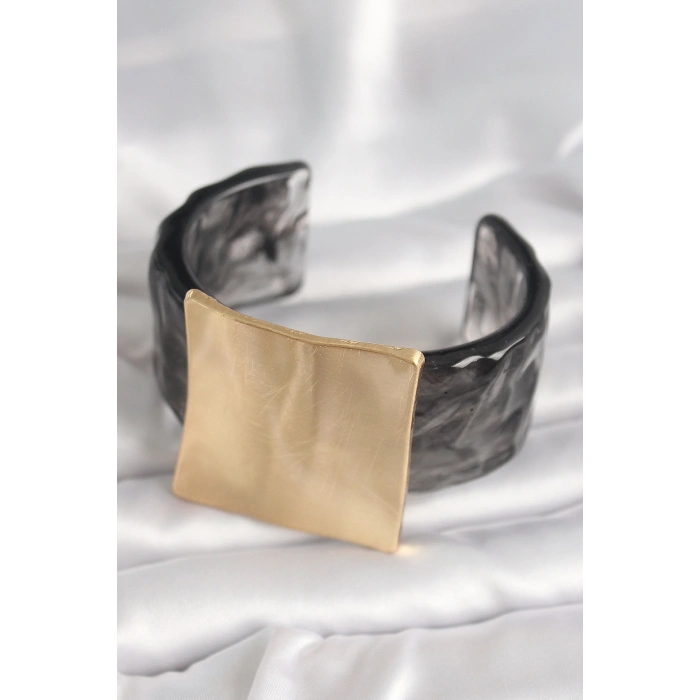 Dodes Dodes Siyah Mermer Desen Akrilik Plastik Gold Kare Plaka Model Vintage Kadın Bilezik TG27BB6681