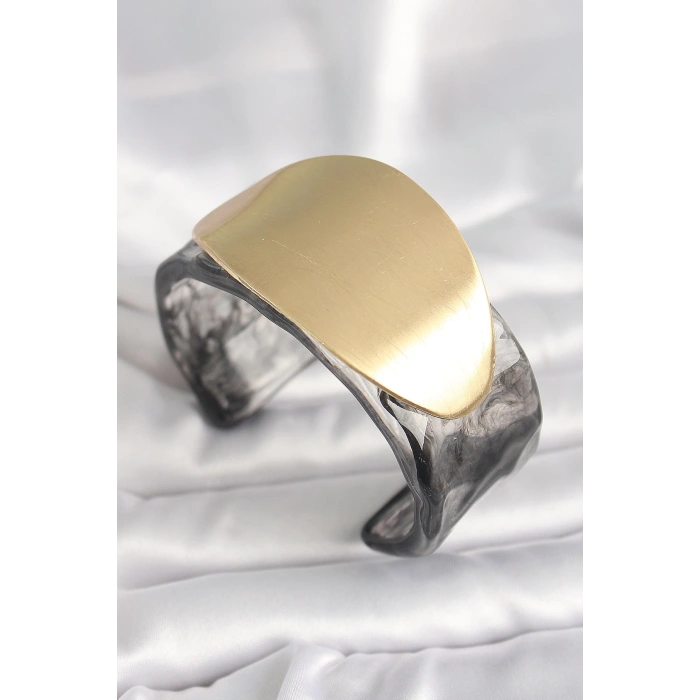 Dodes Dodes Siyah Mermer Desen Akrilik Plastik Gold Oval Plaka Model Vintage Kadın Bilezik TG27BB6683