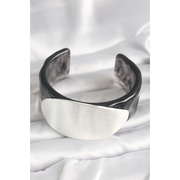 Dodes Dodes Siyah Mermer Desen Akrilik Plastik Gümüş Oval Plaka Model Vintage Kadın Bilezik TG27BB6673