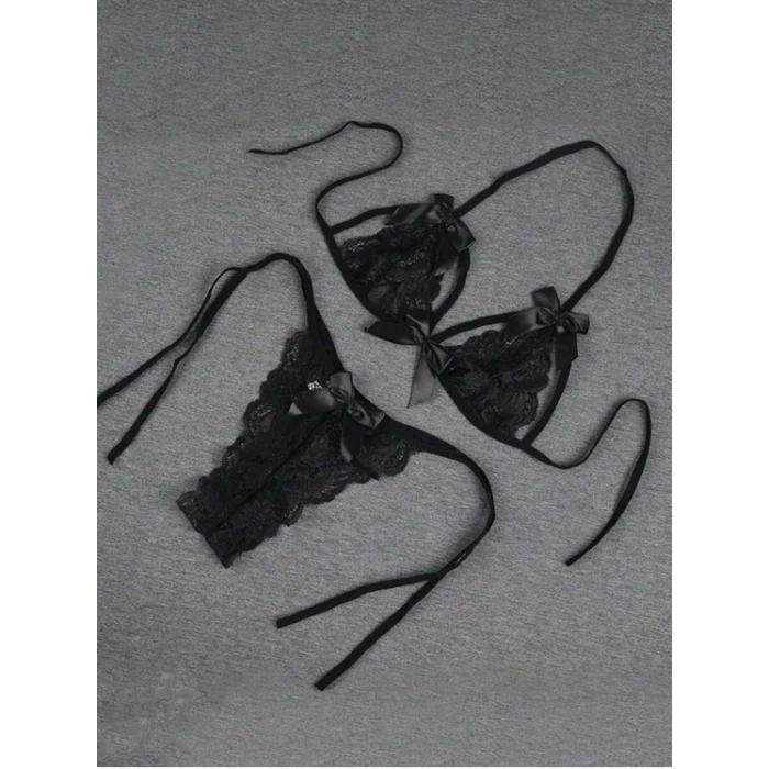 Dodes Tegan Büyük Beden Fantezi Seksi Siyah Fiyonk Süslemeli Dantelli Sütyen String Takımı TG279707-B