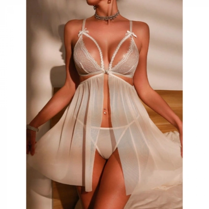 Dodes Tegan Fantezi Beyaz Dantel Sütyenli Transparan Gecelik TG273271