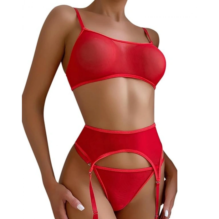 Dodes Tegan Fantezi Kırmızı Transparan Tül Jartiyer Takımı TG273264