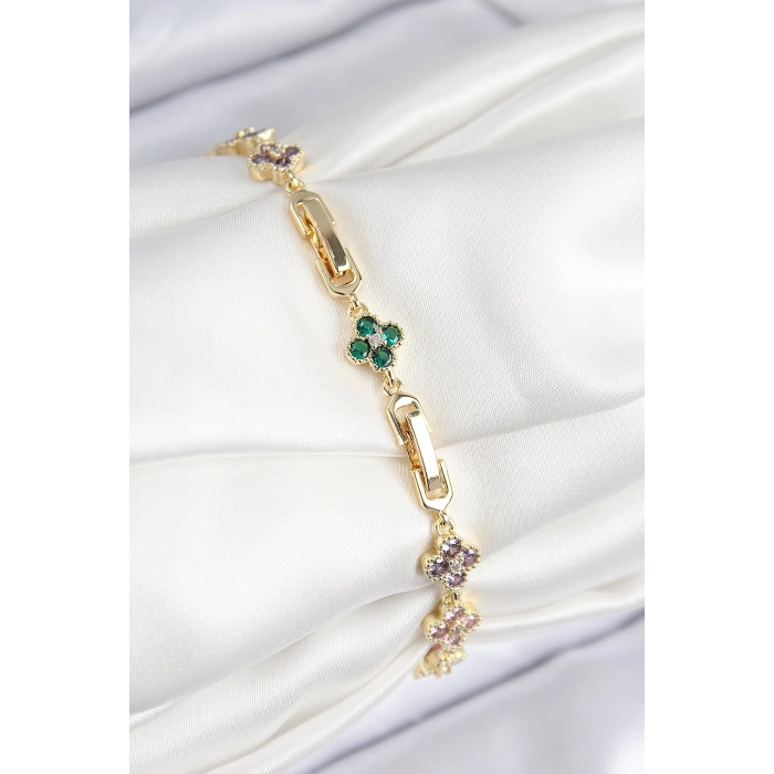 Dodes Dodes VIP Pirinç Renkli Zirkon Taşlı Yonca Model Gold Renk Kadın Bileklik TG27BB7781