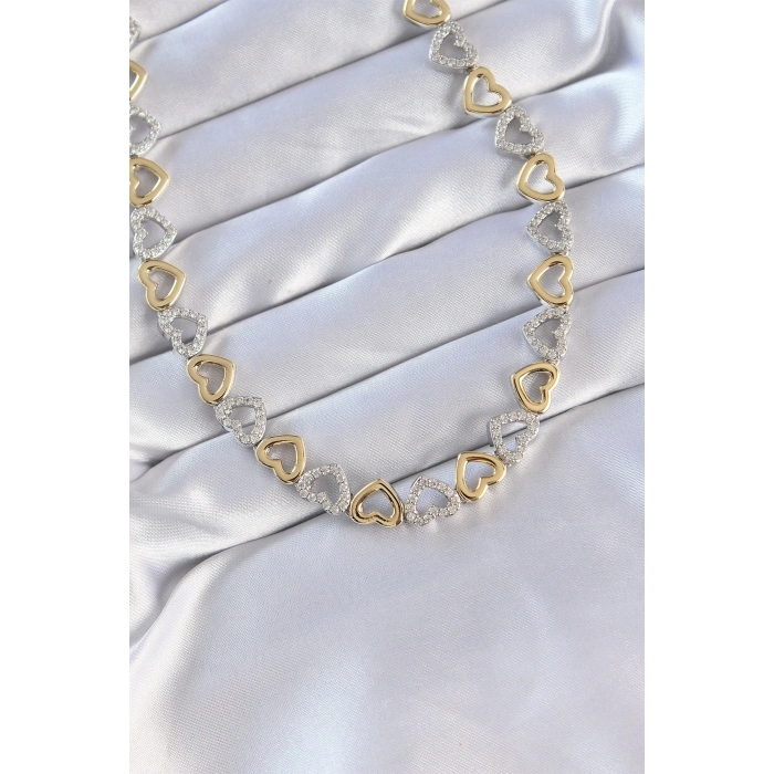 Dodes Dodes Vip Seri Pirinç Çift Renk Zirkon Taşlı İçi Boş Kalp Tasarımlı Kolye TG27BKO8870