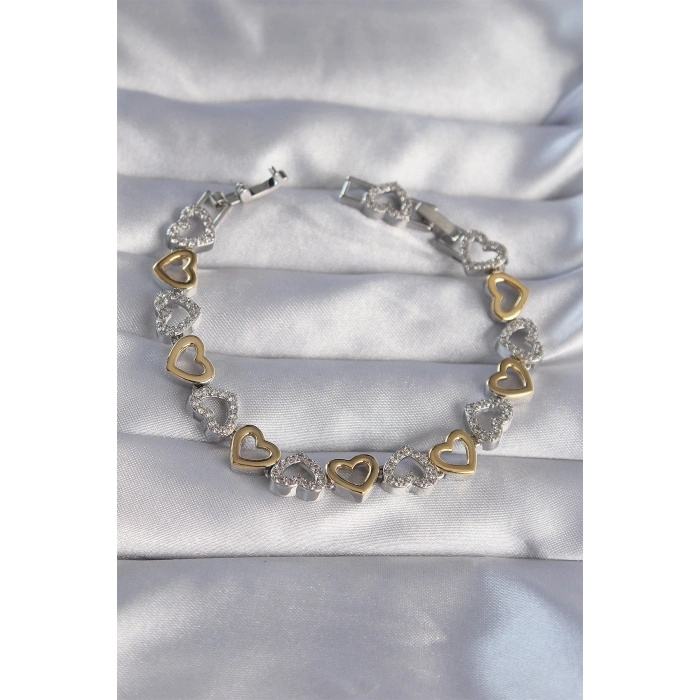 Dodes Dodes Vip Seri Pirinç Çift Renkli Zirkon Taşlı İçi Boş Kalp Tasarımlı Bileklik TG27BB6124