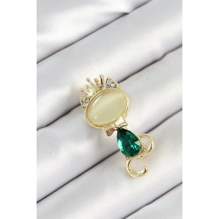 Dodes Dodes Yeşil Damla Zirkon Taşlı Kraliçe Taçlı Kedi Figürlü Gold Renk Kadın Broş TG27BR450