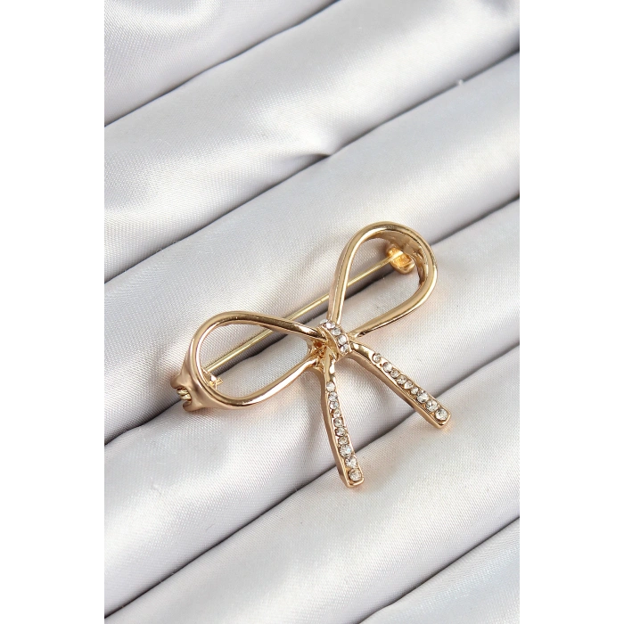 Dodes Dodes Zirkon Taş Detaylı 3D Fiyonk Figürlü Gold Renk Kadın Broş TG27BR442
