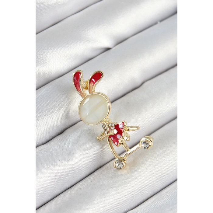 Dodes Dodes Zirkon Taş Detaylı Kırmızı 3D Scooter Süren Tavşan Kız Figürlü Gold Renk Kadın Broş TG27BR443