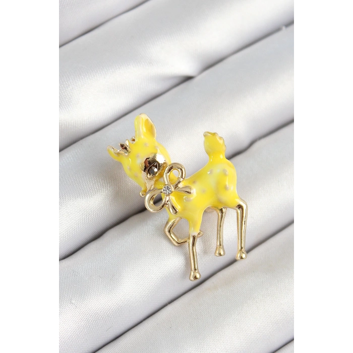 Dodes Dodes Zirkon Taşlı Fiyonk Detaylı 3D Sarı Ceylan Figürlü Gold Renk Kadın Broş TG27BR445