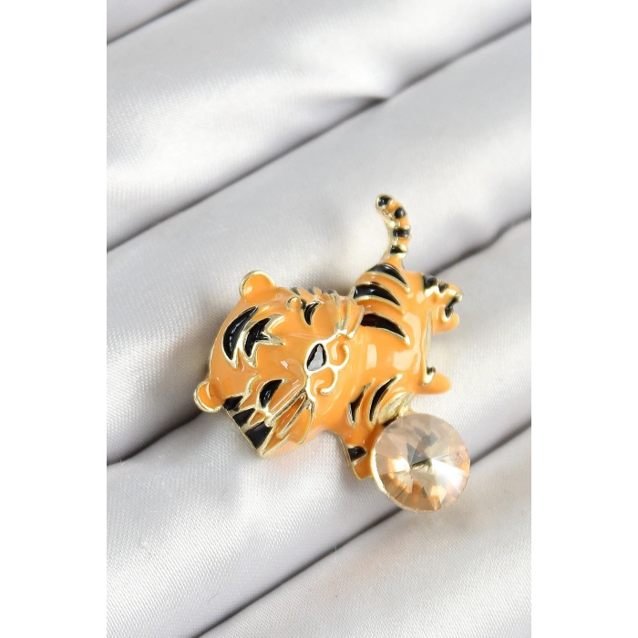 Dodes Dodes Zirkon Taşlı Siyah Çizgili Turuncu Kaplan Figürlü Gold Renk Kadın Broş TG27BR455