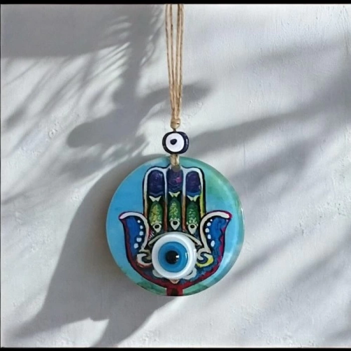 Dodes Fatma Ana Eli Desenli Nazar Boncuklu Duvar Süsü 10 Cm Cam Duvar Dekoru