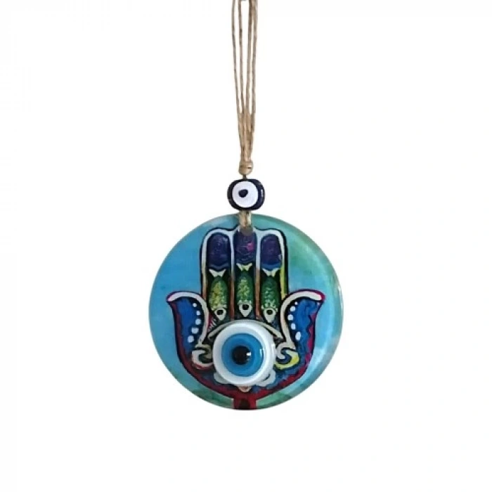 Dodes Fatma Ana Eli Desenli Nazar Boncuklu Duvar Süsü 10 Cm Cam Duvar Dekoru