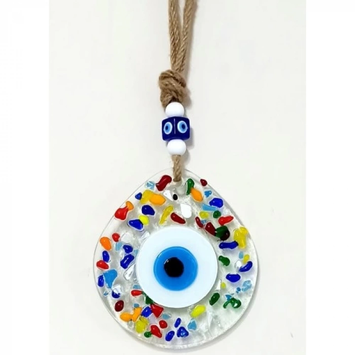 Dodes Gökkuşağı Renklerinde Nazar Boncuklu Damla Model Şeffaf Cam Duvar Süsü