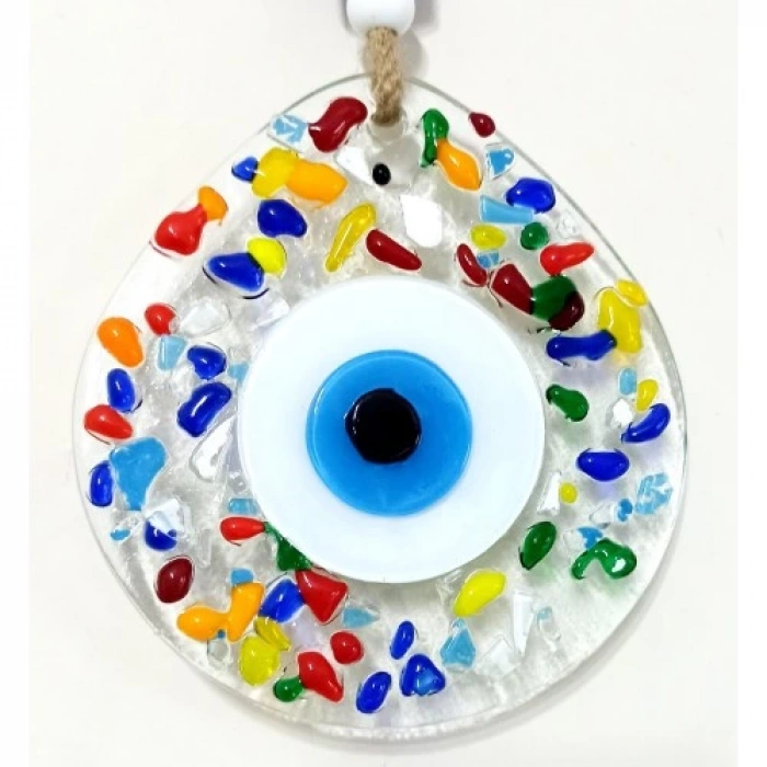 Dodes Gökkuşağı Renklerinde Nazar Boncuklu Damla Model Şeffaf Cam Duvar Süsü