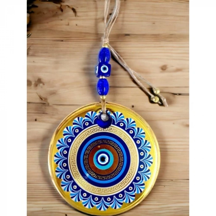 Dodes Gold Cam Üzeri Mavi Motifli Nazar Boncuklu Göz Detaylı Duvar Süsü