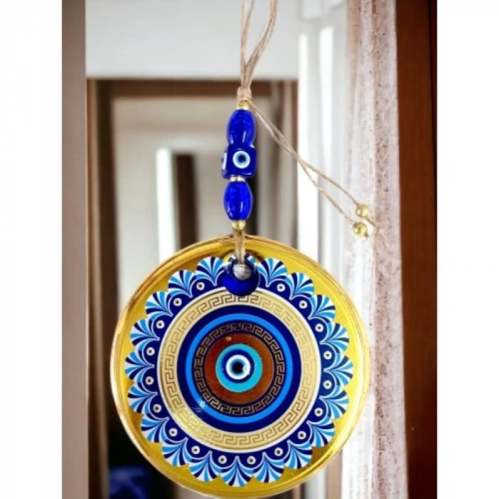Dodes Gold Cam Üzeri Mavi Motifli Nazar Boncuklu Göz Detaylı Duvar Süsü