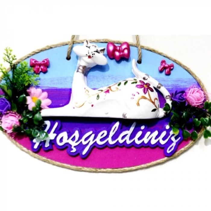 Dodes Kedi Figürlü Hoşgeldiniz Yazılı El Boyaması Renkli Kapı Süsü