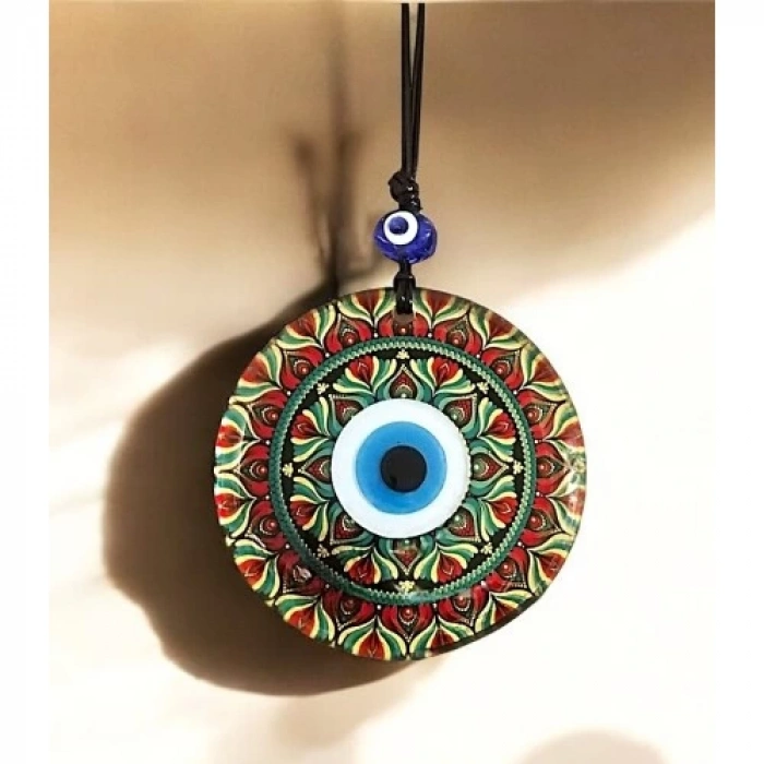 Dodes Kırmızı Çiçek Desenli Ve Nazar Boncuklu El Yapımı Füzyon Cam Duvar Süsü