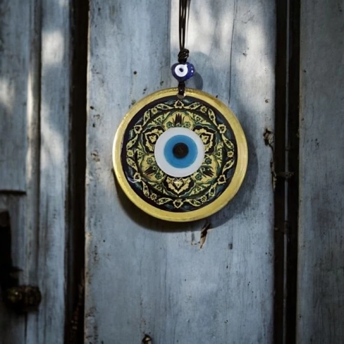 Dodes Lale desenli Altın Rengi Nazar Boncuklu Füzyon Cam Duvar Dekoru