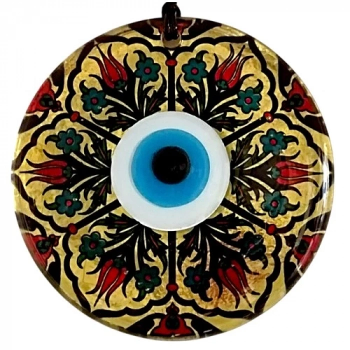 Dodes Lale Desenli Altın Varaklı Nazar Boncuklu Füzyon Cam Duvar Dekoru