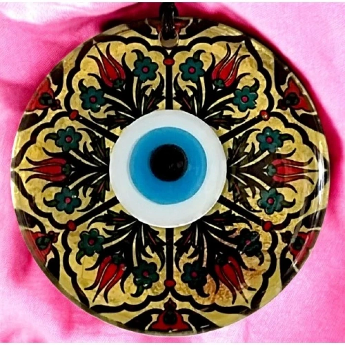 Dodes Lale Desenli Altın Varaklı Nazar Boncuklu Füzyon Cam Duvar Dekoru