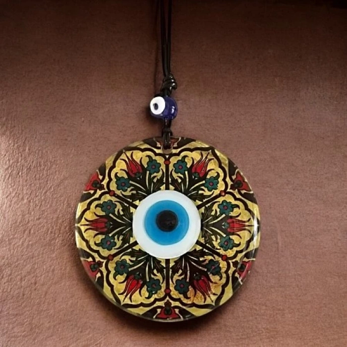 Dodes Lale Desenli Altın Varaklı Nazar Boncuklu Füzyon Cam Duvar Dekoru