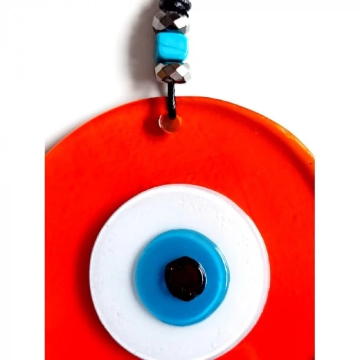 Dodes Mavi Nazar Boncuklu El Yapımı Deri İpli Turuncu Renk Şeffaf Cam Duvar Süsü