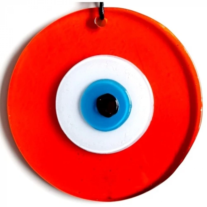 Dodes Mavi Nazar Boncuklu El Yapımı Deri İpli Turuncu Renk Şeffaf Cam Duvar Süsü