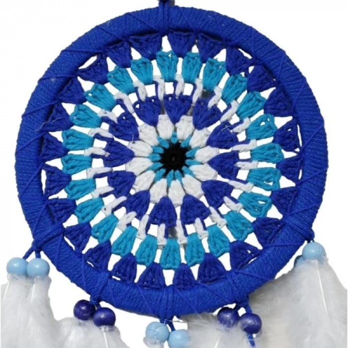 Dodes Nazar Boncuğu Desenli Bol Kuş Tüylü Lacivert Dream Catcher El Yapımı Duvar Dekoru