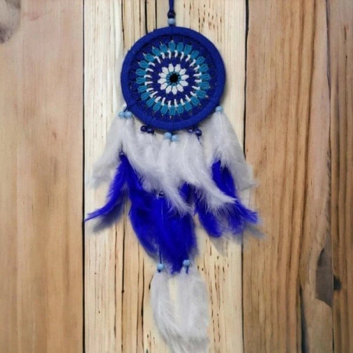 Dodes Nazar Boncuğu Desenli Bol Kuş Tüylü Lacivert Dream Catcher El Yapımı Duvar Dekoru