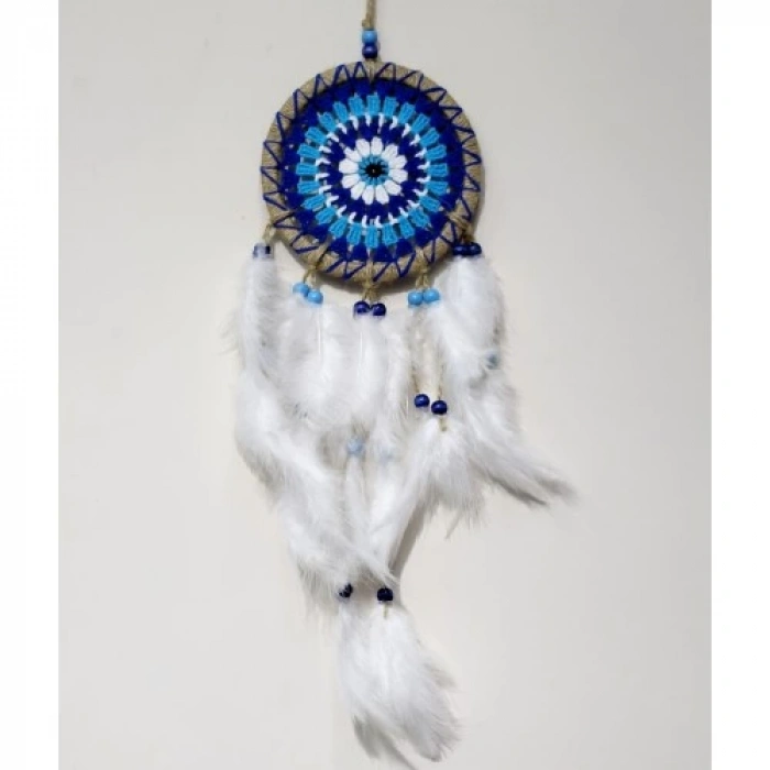 Dodes Nazar Boncuğu Desenli Dream Catcher El Yapımı Kuş Tüylü Rüya Kapanı Duvar Süsü