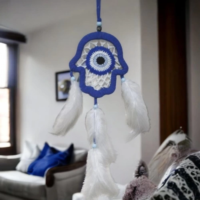 Dodes Nazar Boncuğu Motifli Mavi Fatma Ana Eli Duvar Süsü El İşçiliği Duvar Dekoru