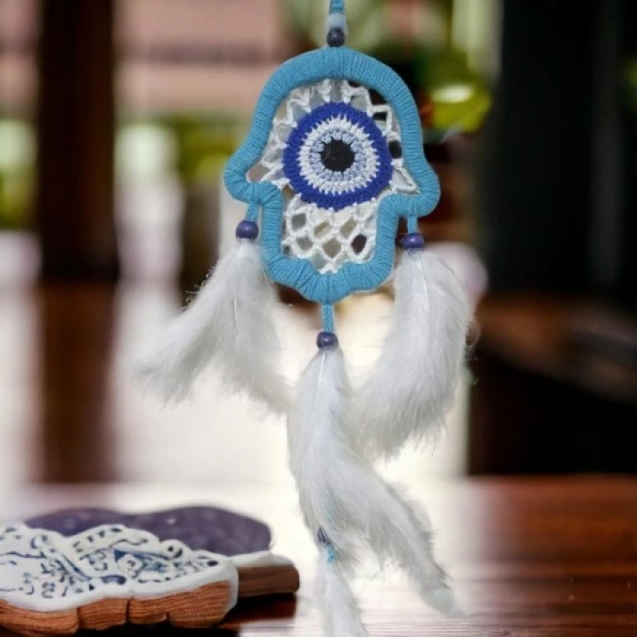 Dodes Nazar Boncuğu Motifli Turkuaz Fatma Ana Eli Duvar Süsü El İşçiliği Duvar Dekoru