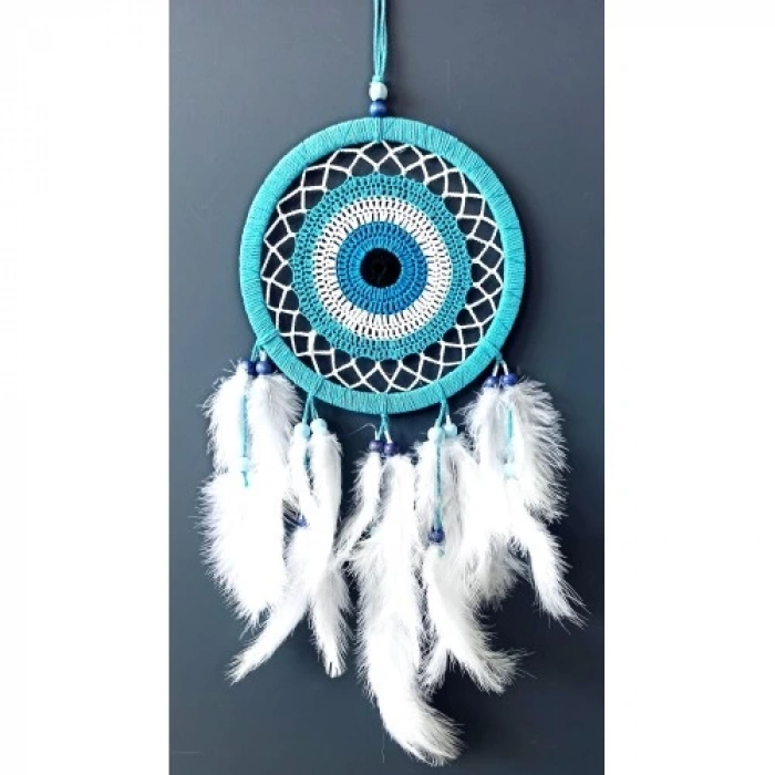 Dodes Nazar Boncuğu Motifli Turkuaz Rengi Dream Catcher Beyaz Kuş Tüylü Düş Kapanı Duvar Süsü