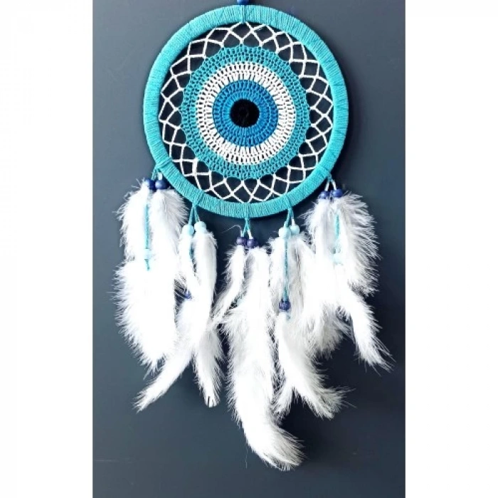 Dodes Nazar Boncuğu Motifli Turkuaz Rengi Dream Catcher Beyaz Kuş Tüylü Düş Kapanı Duvar Süsü