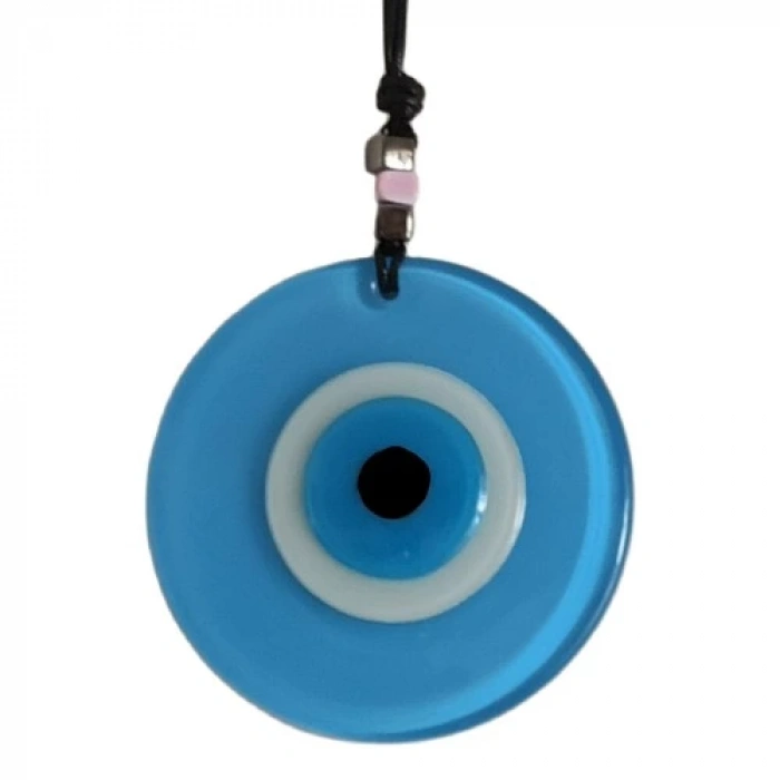 Dodes Nazar Boncuklu Deri İpli Bebe Mavisi Renginde Cam Duvar Süsü