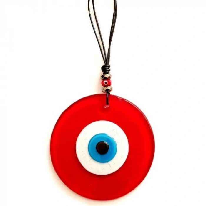 Dodes Nazar Boncuklu Deri İpli Tasarım Harikası Kırmızı Cam Duvar Süsü