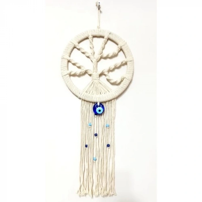 Dodes Nazar Boncuklu Ekru Renk Makrome Hayat Ağacı Duvar Süsü