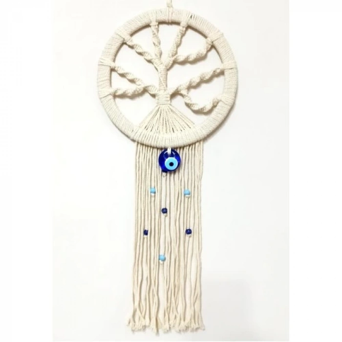Dodes Nazar Boncuklu Ekru Renk Makrome Hayat Ağacı Duvar Süsü