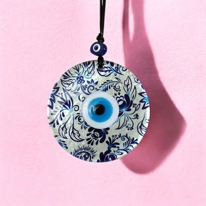 Dodes Nazar Boncuklu Yaprak Desenli Gümüş Rengi Füzyon Cam El Yapımı 12 Cm Duvar Süsü Nazarlık Hediyelik Eşya