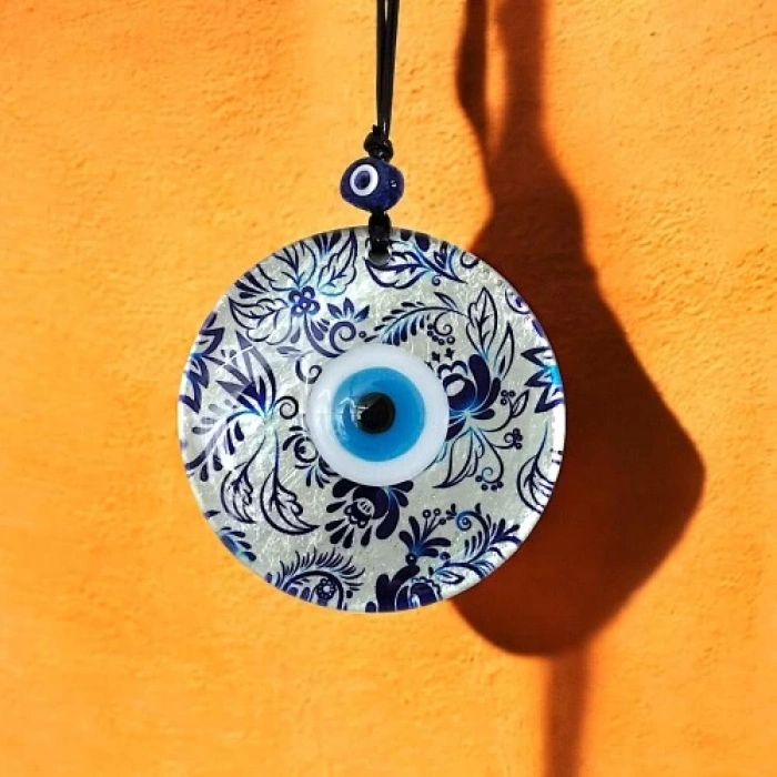 Dodes Nazar Boncuklu Yaprak Desenli Gümüş Rengi Füzyon Cam El Yapımı 12 Cm Duvar Süsü Nazarlık Hediyelik Eşya