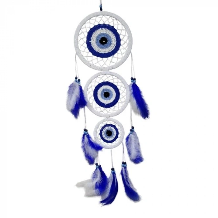 Dodes Nazar Motifli Üç Çemberli Kuş Tüylü Beyaz Duvar Süsü