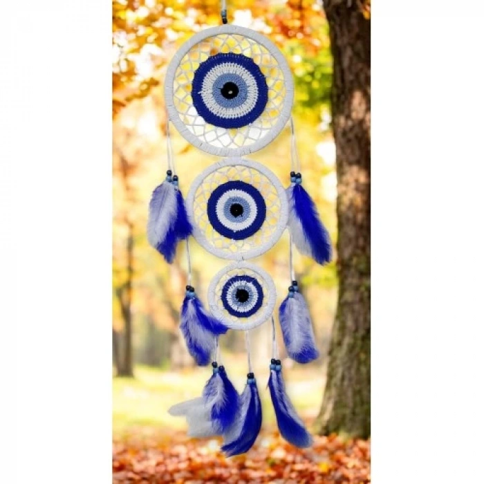 Dodes Nazar Motifli Üç Çemberli Kuş Tüylü Beyaz Duvar Süsü