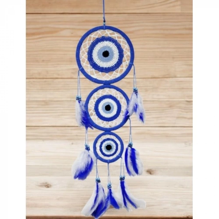 Dodes Nazar Motifli Üç Çemberli Kuş Tüylü Mavi Duvar Süsü